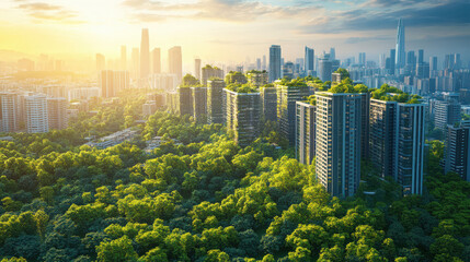 Modern skyscrapers integrated with greenery, showcasing urban sustainability and nature.