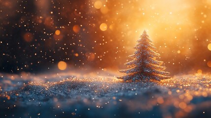 Naklejka premium A small Christmas tree stands in a snowy field with a warm glow behind it.