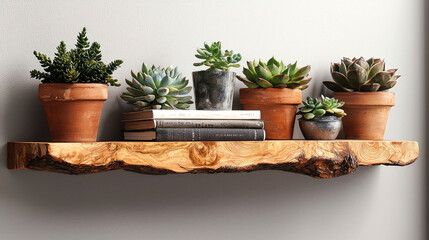 Rustic wooden shelf with succulent plants and books against a white wall.