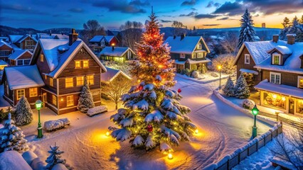 Fototapeta premium Enchanting Christmas Street Scene with Lined Houses and a Majestic Tree in the Center, Holiday Decorations, Snowy Atmosphere, Warm Lights, Winter Wonderland, Festive Spirit