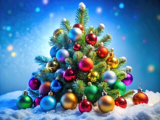 Enchanting Christmas tree adorned with colorful baubles, set against a serene blue backdrop, perfect for festive decor and joyous holiday celebrations.