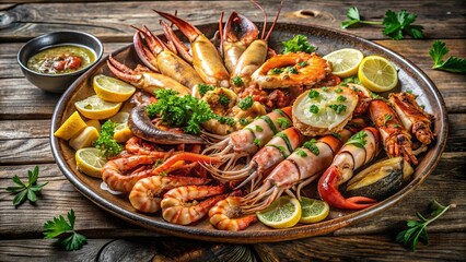 Seafood Platter A Rustic Feast of Crabs, Shrimps, and Scallops, Garlands of Lemon, and Sprigs of Fresh Herbs