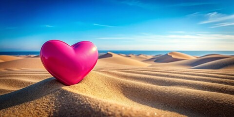 Fototapeta premium A solitary heart nestled amongst the dunes of a sun-kissed desert, where the horizon blends seamlessly with a vast expanse of sky