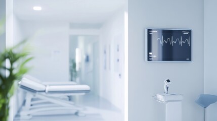 An advanced personal healthcare setup with a smart mirror displaying health metrics and a wearable device tracking fitness and wellness, Modern wellness theme, Clinical style