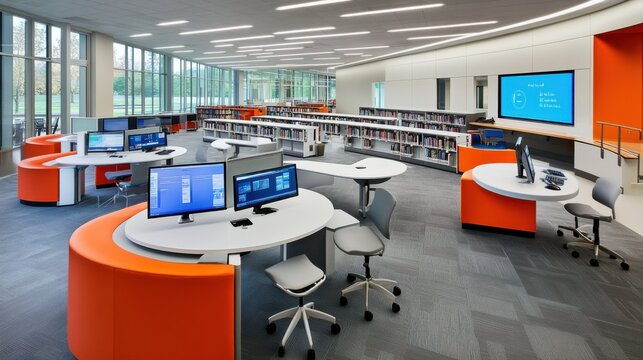 An advanced public library with digital reading stations offering interactive learning tools and an automated book sorting system for efficient access and organization
