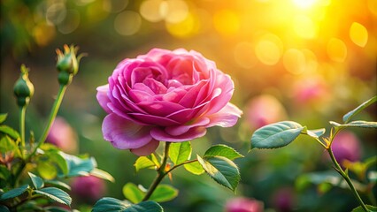 Obraz premium A single vibrant pink rose blooms amidst lush green foliage, bathed in the soft glow of a golden sunset. The delicate petals unfurl, revealing the intricate beauty of nature's artistry.