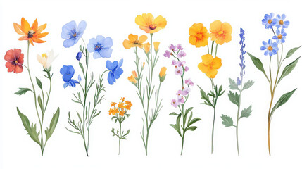A watercolor illustration of various colorful flowers arranged in a row.