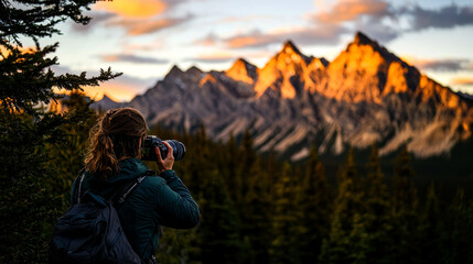 Fototapeta premium A photographer captures the beauty of a mountain range at sunset.