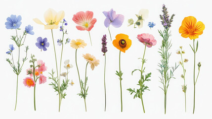 A collection of colorful wildflowers arranged vertically on a light background.