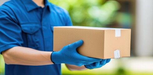A delivery person in blue gloves is holding a cardboard box, showcasing a professional and safe package handling approach outdoors.