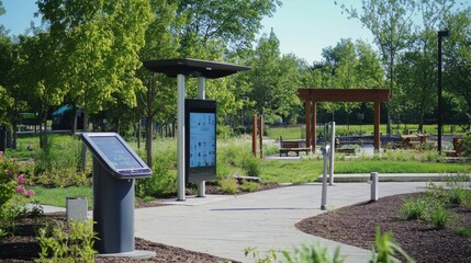An advanced public park with interactive fitness equipment and digital kiosks providing health tips and workout routines for outdoor exercise, Modern urban wellness theme, Eco-friendly style