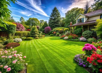 Obraz premium Freshly Cut Green Grass Lawn in Vibrant Backyard Landscape for Outdoor Serenity and Gardening Enthusiasts