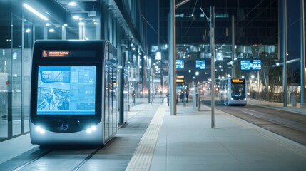 An advanced public transportation hub with interactive digital information boards and autonomous electric shuttles that adjust routes based on real-time data, Modern transit system theme, Clean style