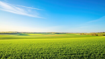 An expansive agricultural farm landscape with green fields and a clear blue sky, Agricultural scene, Natural beauty style