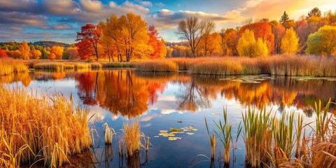 Fototapeta premium Serene Reflections of Autumn Hues on a Tranquil Pond with Lush Reeds and Sunlit Clouds