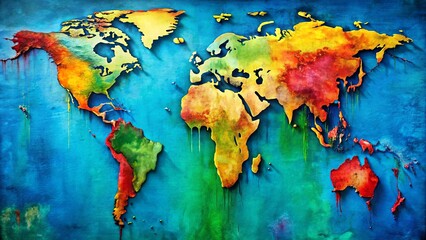A Vivid Watercolor Representation of the World's Continents, Depicted with a Multi-Colored Palette and Dripping Paint Effects