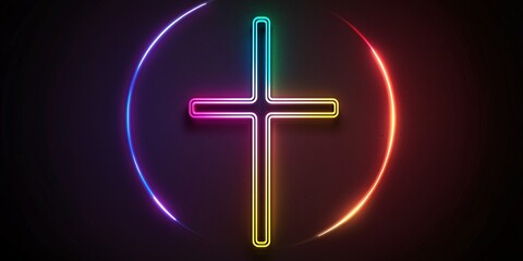 Neon Cross in Colorful Circle on Dark Background