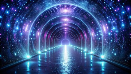 Naklejka premium An illuminated pathway through a cosmic tunnel of glowing rings, a journey into a fantastical realm where the stars shimmer with ethereal radiance