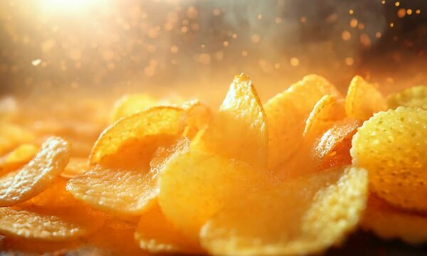 Close-up of crispy potato chips with a golden, appetizing glow.