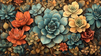 Vintage Botanical Illustration of Succulents in Earthy Tones
