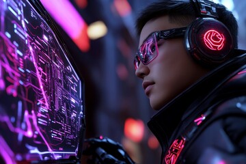 Cyberpunk-style professional consulting session, with neon lights and futuristic data interfaces helping a business team improve performance in a high-tech city