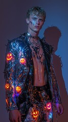Fototapeta premium Stylish Halloween Fashion: Punk and Gothic Outfits Featuring Jack-O’-Lantern Designs | Trendy Halloween Streetwear and Costume Ideas