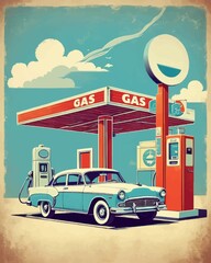Car gas station in retro style. Classic car with gas station. Raster version of a vector illustration.