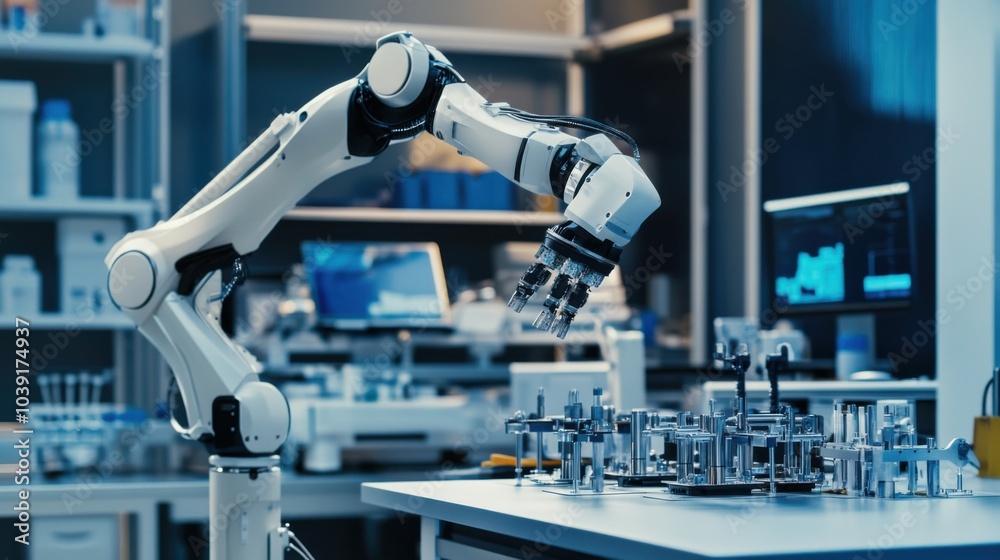 Poster An innovative robotics laboratory with futuristic equipment and robotic prototypes, Robotics lab scene, Technological advancement style