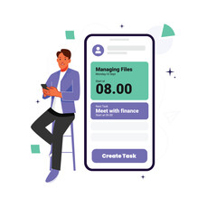 Vector of sitting male managing his task using task management apps on a phone