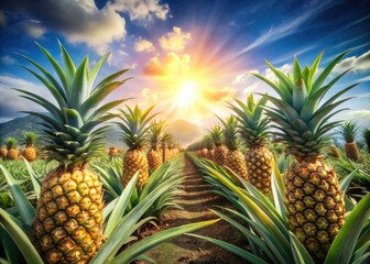 Fototapeta premium Lush pineapple plantation bathed in golden sunlight, showcasing vibrant rows of ripe pineapples through stunning double exposure photography, capturing natureâ€™s beauty in every detail.