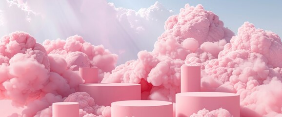 Background podium pink 3d product sky platform display cloud pastel scene render stand. Pink podium stage minimal abstract background