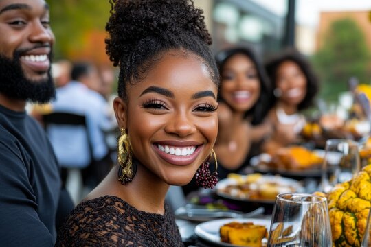 Family gathered for a group photo around the Thanksgiving table, smiling and laughing, creating lasting memories of the holiday