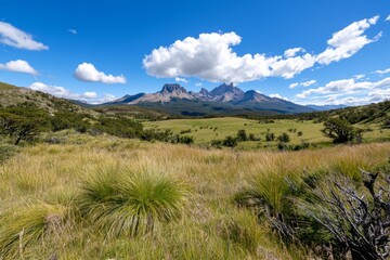 Fierce Patagonian winds whipping through the grasslands, with clouds racing across the sky and the rugged peaks of Torres del Paine in the background