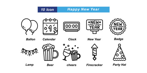 A set of 10 new year icons, such as balloons, calendar, clock, badges, lights, beer, cheers, party, firecrackers, party hats. suitable for, web design, printing, mobile applications, etc.
