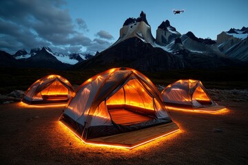 Futuristic cyberpunk base camp at Torres del Paine, with sleek, neon-lit tents and drones flying above the dramatic peaks