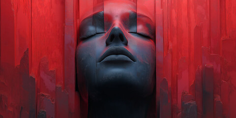 Stone face emerging from red wall with closed eyes