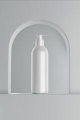 A white bottle with a pump sitting on arched windows, use for mockup design presentation