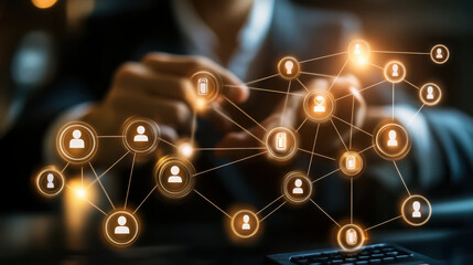 A professional interacting with digital network icons representing connections and data.