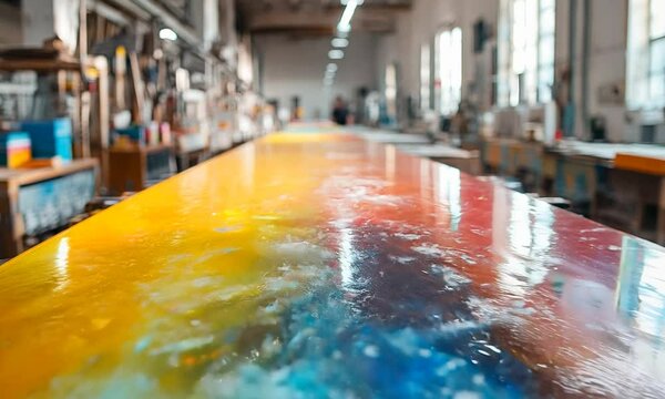 Colorful resin table in a workshop setting, showcasing craftsmanship.