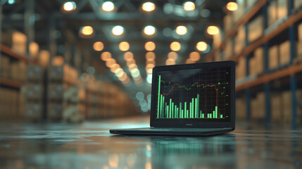 Laptop displaying financial data charts in a modern warehouse with industrial lighting