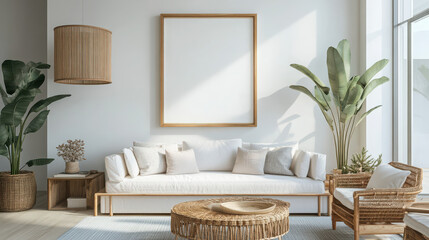 A cozy, modern living room with natural elements and a minimalist design.