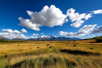 Obraz premium Guanacos grazing on the Patagonian steppe, with the snow-capped peaks of Torres del Paine rising in the distance under a vast, open sky