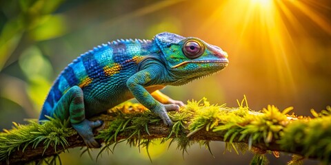 Obraz premium A Vibrant Chameleon Perched on a Mossy Branch, Bathed in the Warm Glow of the Setting Sun