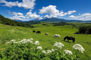 Obraz premium Horses grazing in the Patagonian plains, with the Cuernos del Paine standing tall in the distance, and a bright, sunny day overhead