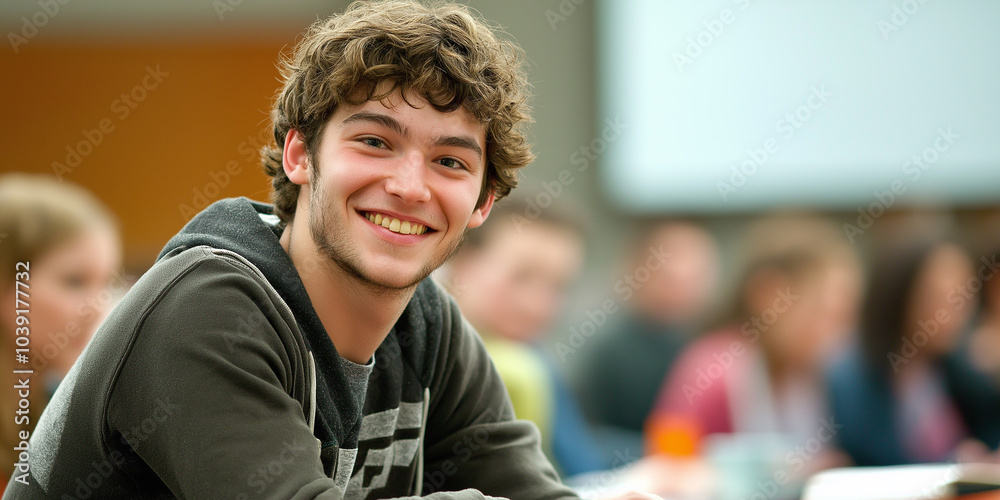 Poster handsome male student smiling during class lecture at university