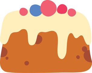 Cartoon birthday party decorations. Gifts presents, sweet cupcakes and celebration cake. Colorful balloons, carnival celebration food and candy. Isolated vector illustration icon white background