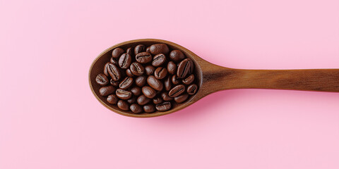 Obraz premium Wooden spoon resting on pink background containing coffee beans
