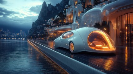Obraz premium Futuristic vehicle by a serene waterfront at dusk.