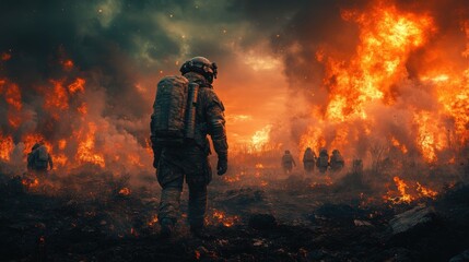 Naklejka premium A soldier navigating a fiery landscape amidst chaos and destruction.