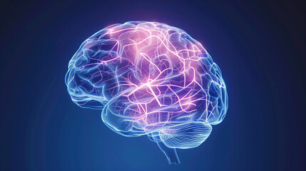 Glowing blue brain with neural pathways representing advanced artificial intelligence and innovation